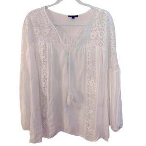 Bohemian‎ Peasant Style Embroidered Long Sleeve Flowy Top w Tassels Size Large